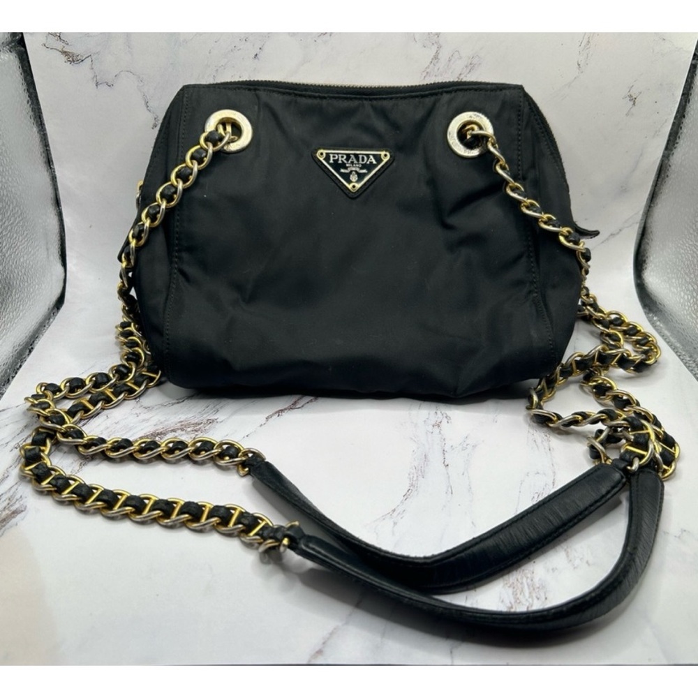 Prada Black Nylon Shoulder Bag with Gold Chain
